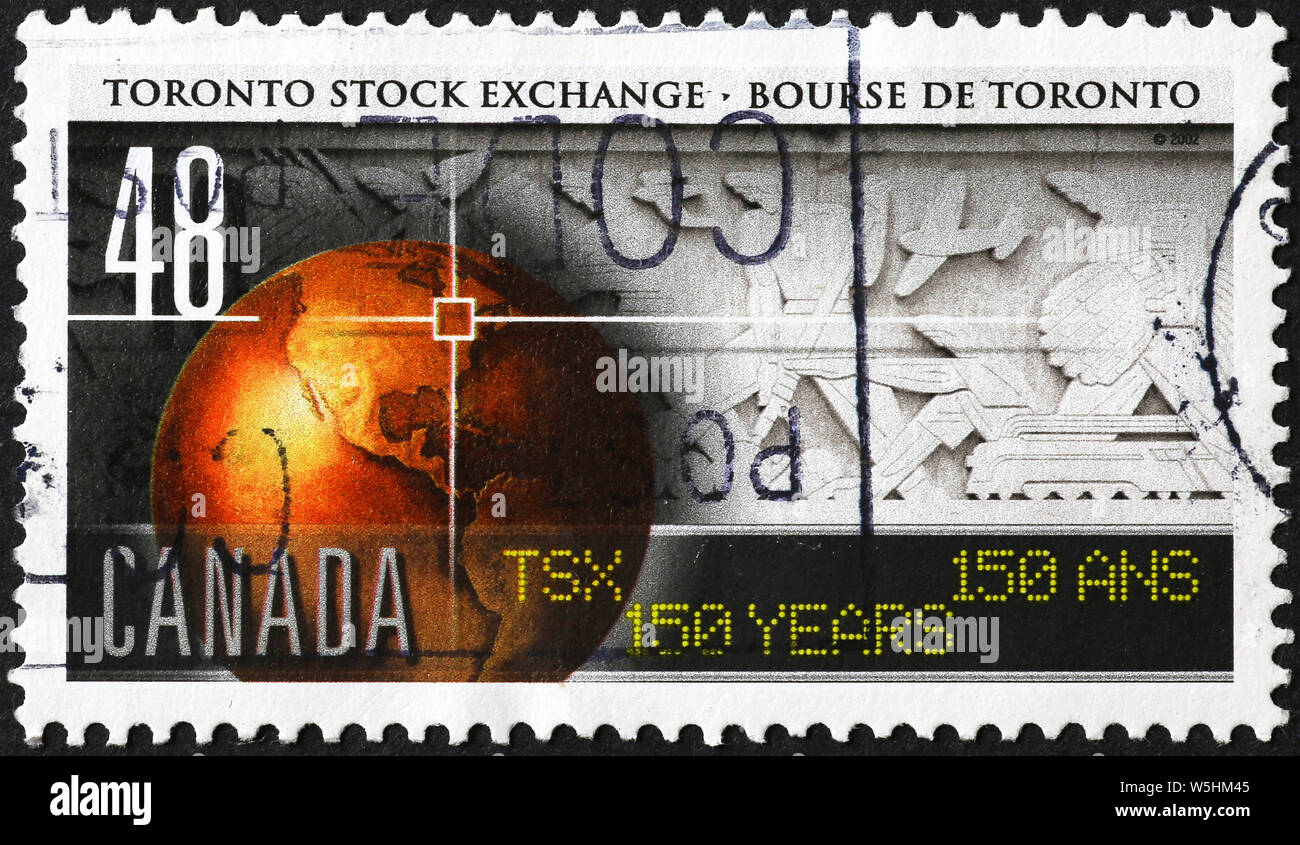 Toronto Stock Exchange auf kanadischer Briefmarke Stockfoto