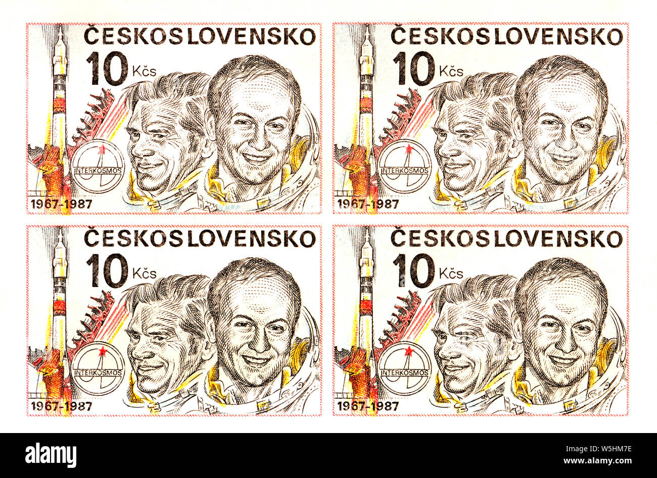 Tschechoslowakische Briefmarken mini Blatt (1987): Kosmonauten Alexej Gubarev und Vladimir Remek Stockfoto