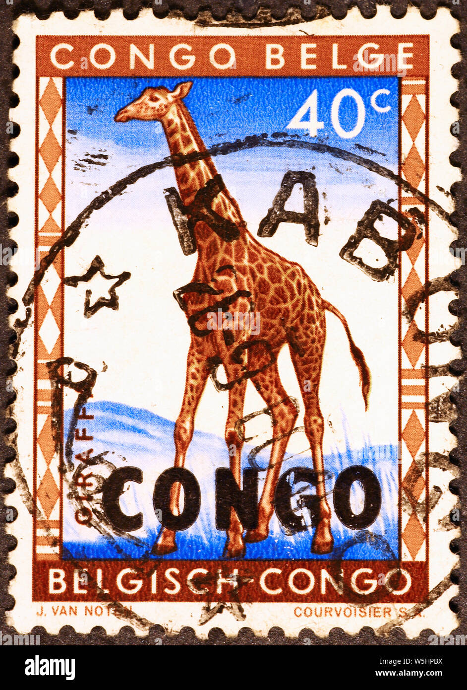 Giraffe auf Briefmarke des Kongo Stockfoto