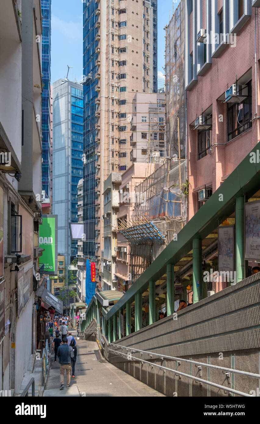 Shelley Street und der Central - Mid-Levels Escalator gesehen von Staunton Street, Central District, Hong Kong Island, Hong Kong, China Stockfoto