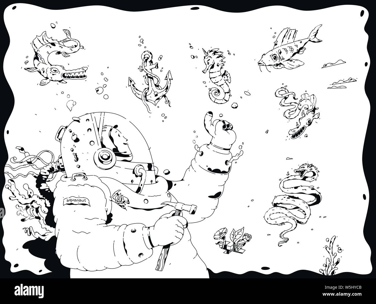 Abbildung: ein Taucher, Aquanaut. Vektor. Der Explorer von den Tiefen des Ozeans von marine Bewohner umgeben. Umrisse Cartoon, Schwarz und Weiß. Stock Vektor