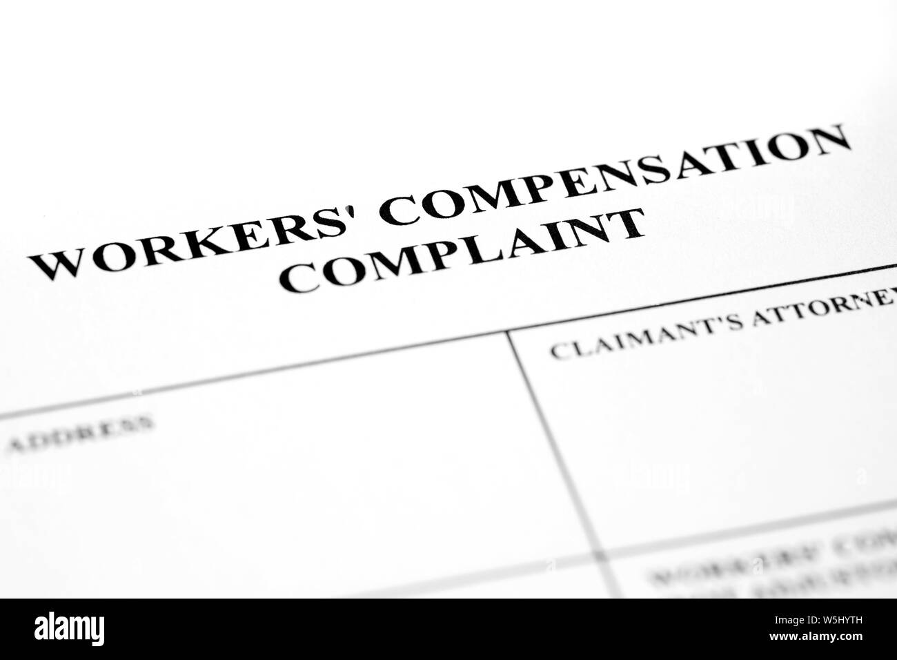Worker's Compensation Beschwerdeformular Verletzungen Zahlung Stockfoto