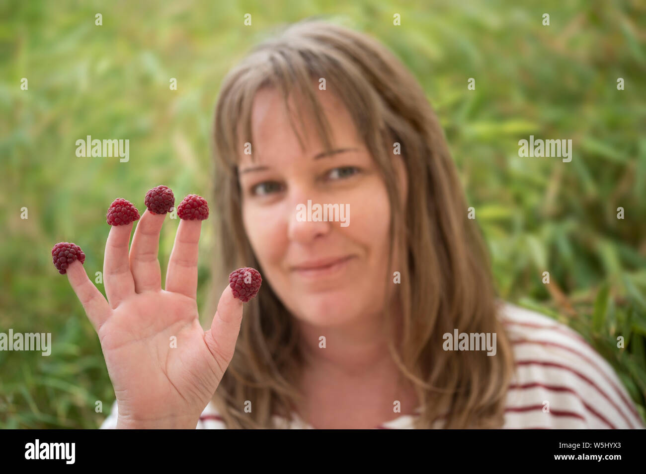Freundliche 40 jährige Frau zeigt ihre Hand: Auf jeden Finger ist ein pralles Himbeere. Die Frau ist ein natürlicher Typ mit Medium blonde Haare. Auf die Kamera. Stockfoto