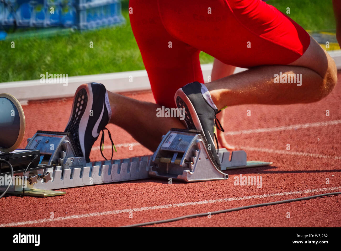 Montreal, Quebec, Kanada, 27. Juli 2019. Close-up Details in einer Leichtathletik Wettbewerb in Montreal, Quebec, Kanada. Credit: Mario Beauregard/Alamy leben Nachrichten Stockfoto