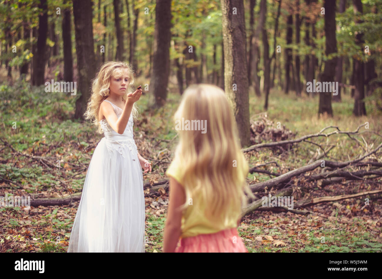 Ein kleines Mädchen im Kleid unter herbstlichen Bäume im Wald im Goldenen Stunde Atmosphäre Stockfoto