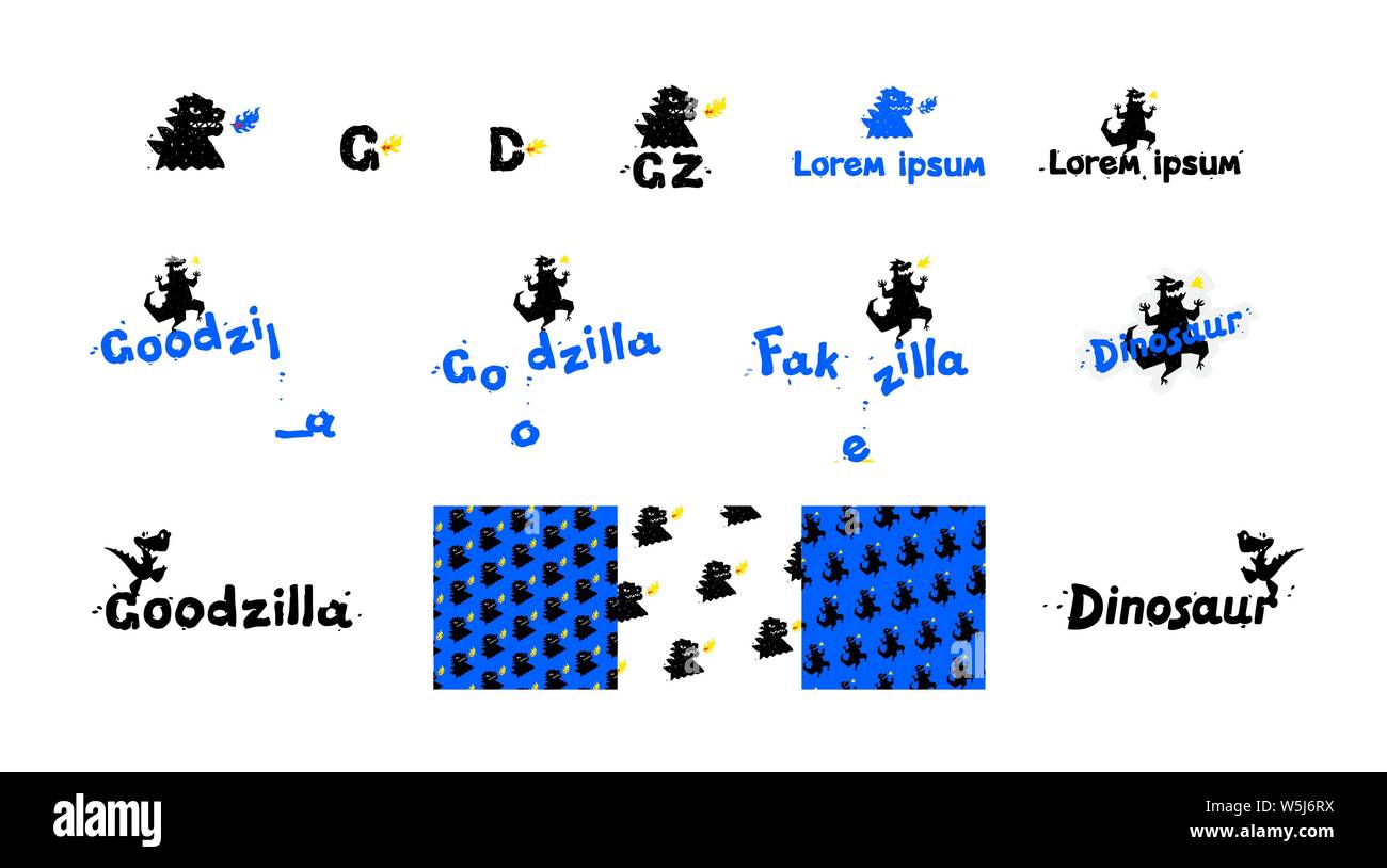 Logos der Dinosaurier, Drachen und Echsen. Vektor. Eine Reihe von lustigen Labels mit Tieren. Stock Vektor