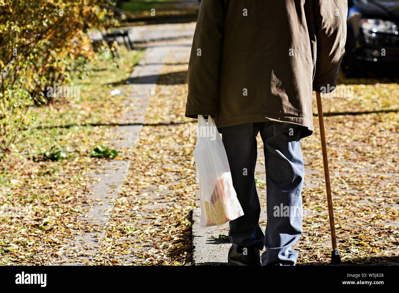 Alter Mann mit Stock auf den Weg/Alter Mann auf der Straße mit Stock/einsamen Spaziergang durch den Park - Bild Stockfoto