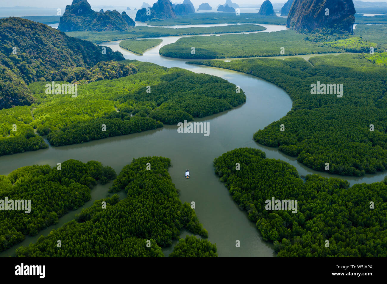 Antenne drone Blick von der schönen Mangrovenwald und Kalksteinfelsen in der Bucht von Phang Nga, Thailand Stockfoto