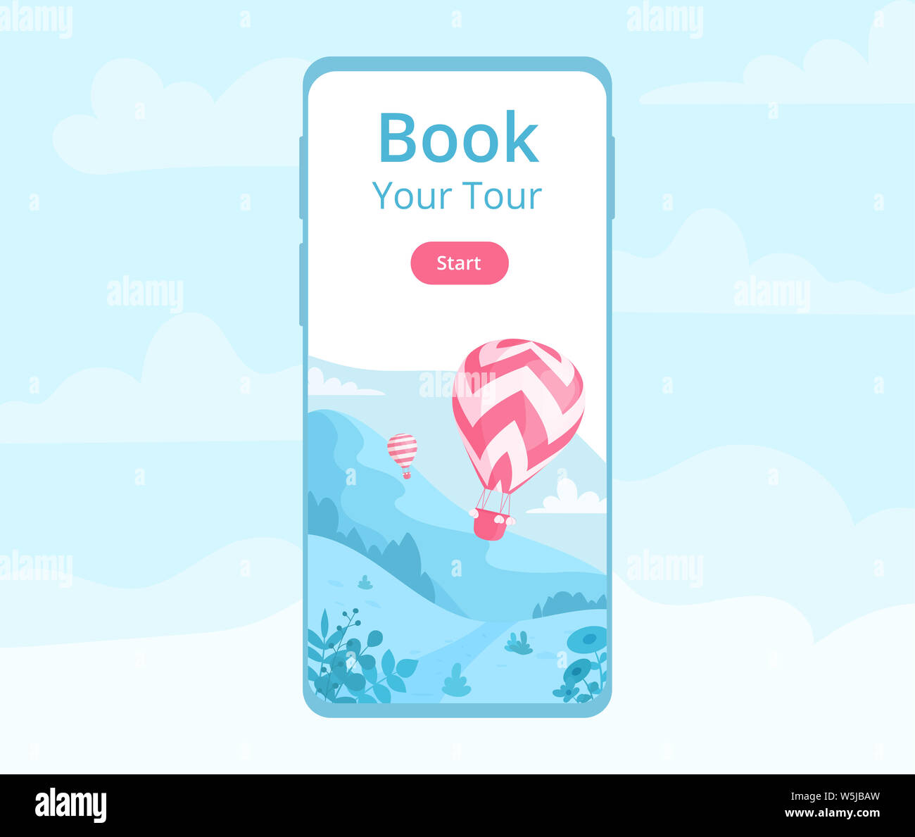Hot Air Balloon mobile App Vorlage Abbildung. Landing Page für online buchen mobile Anwendung mit Red Hot Air Balloon, Landschaft mit Berg ein Stockfoto