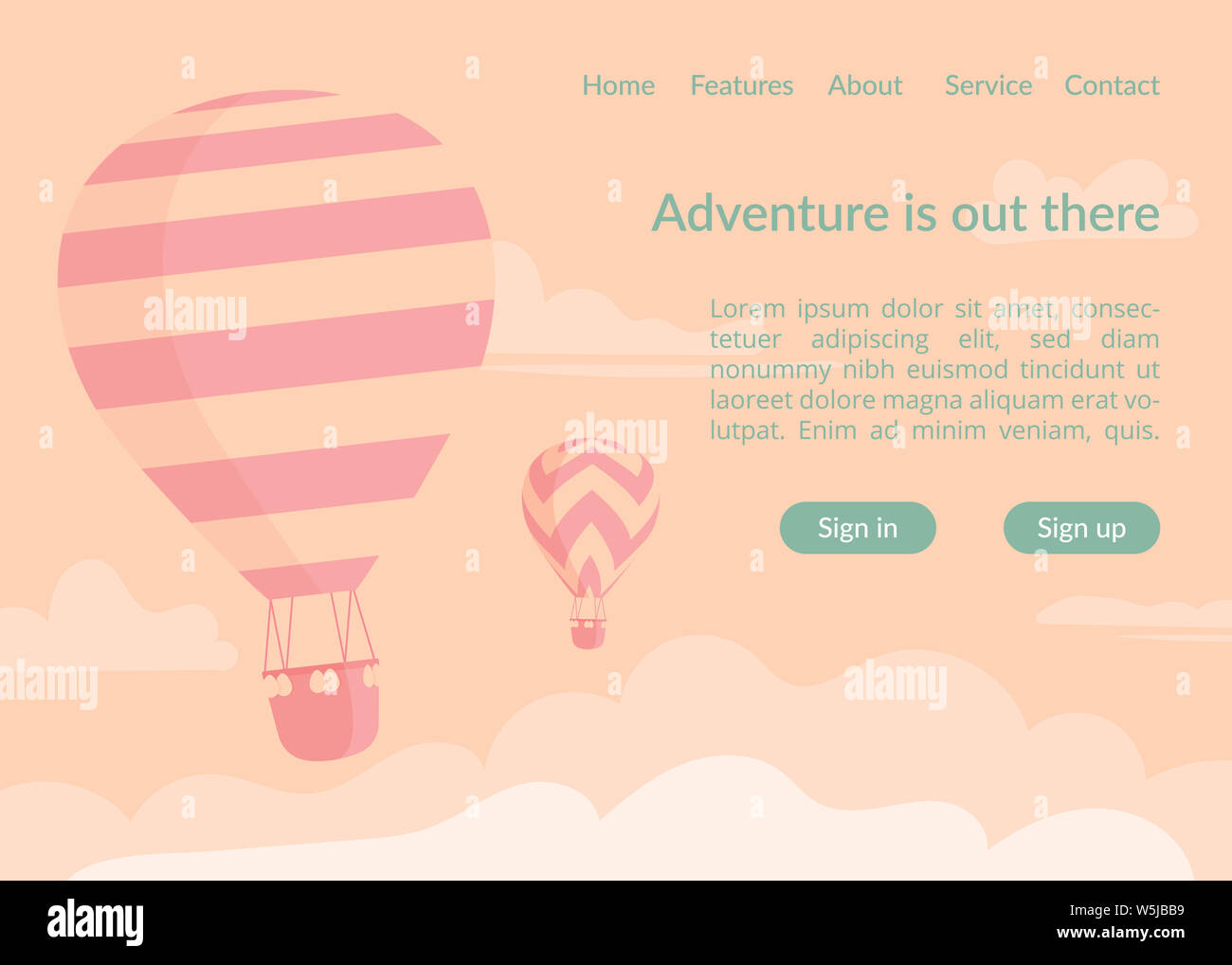 Heißluftballons website Landing Page Template. Zwei retro Duotone style Heißluftballons im himmel wolke Landung Web Template und Abenteuer Reisen slogan Stockfoto