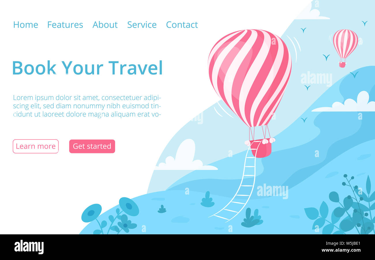 Hot Air Balloon website Buchung Seite Schablone Abbildung. Landing Page Abenteuer buchung Konzept mit roten Heißluftballon am blauen Berg Landschaft Stockfoto