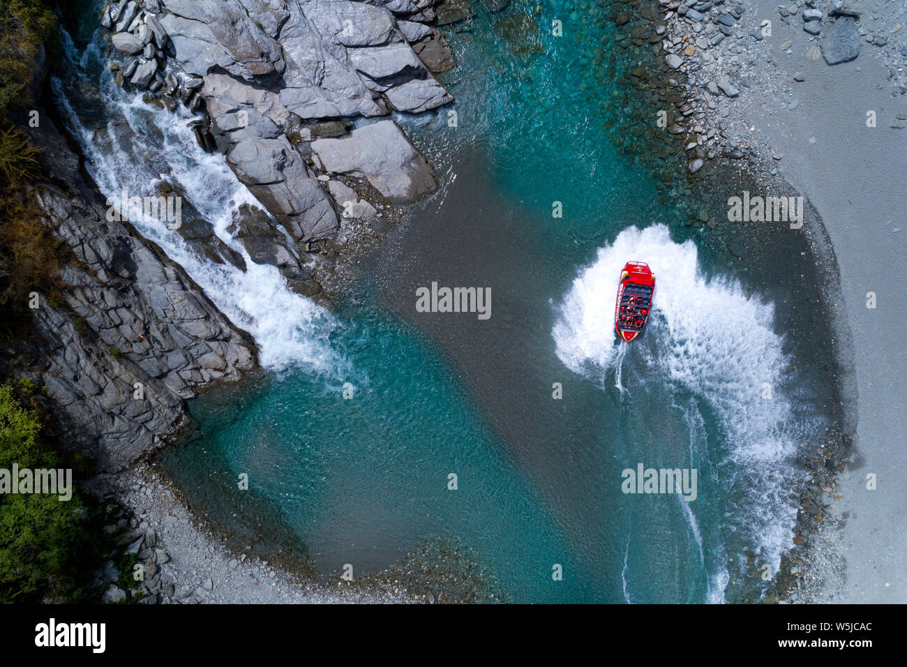 Shotover Jet Antenne auf dem Shotover River, Queenstown, Neuseeland Stockfoto