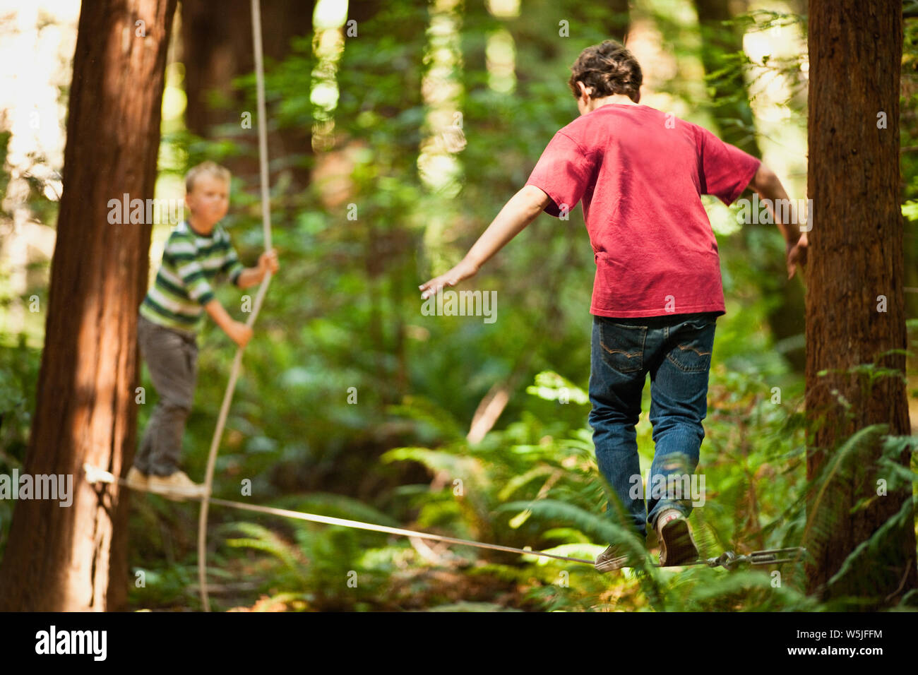 Zwei Jungen Balancieren auf das Seil im Wald. Stockfoto