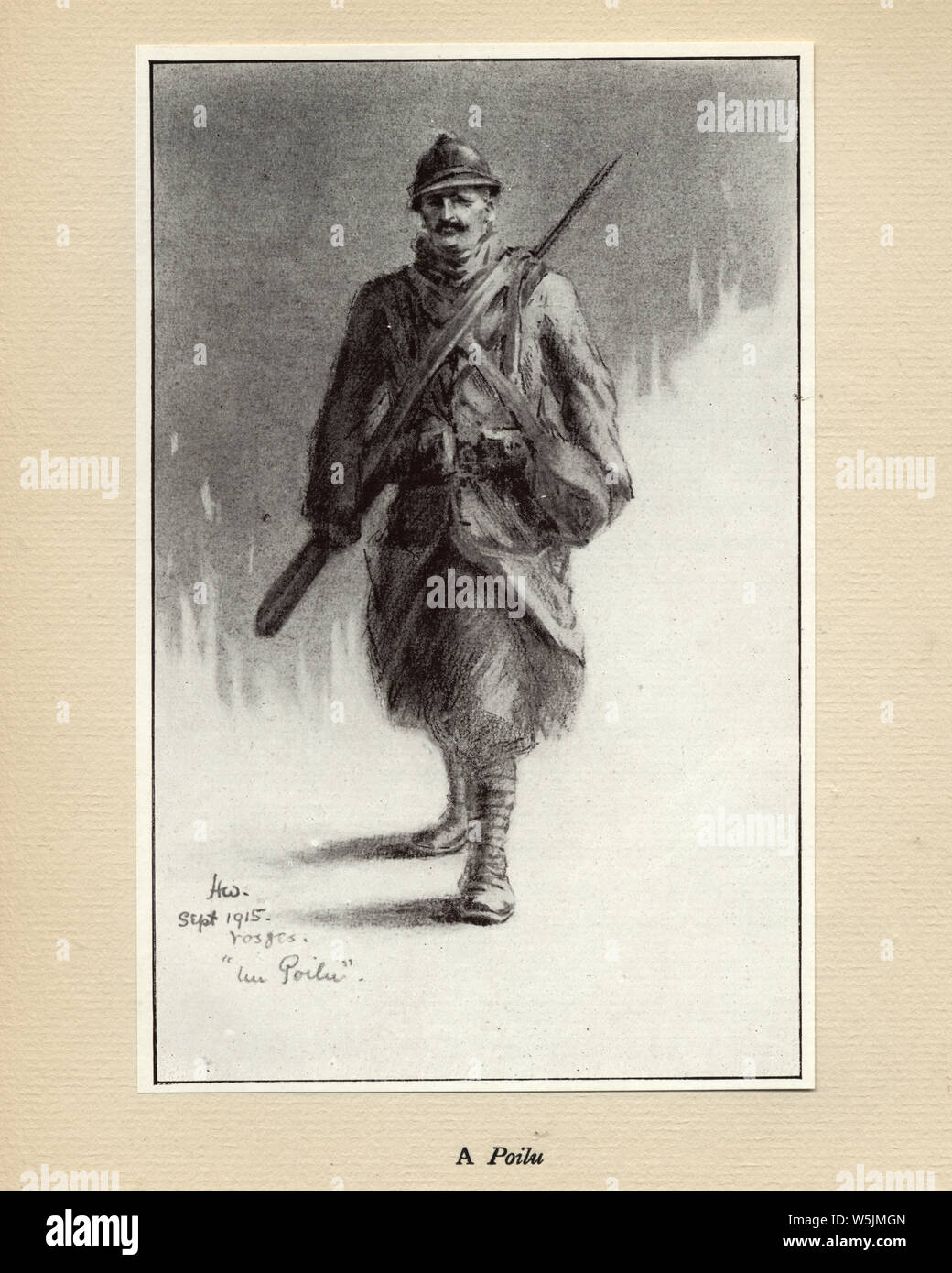 Welt Ward, französischer Soldat, ein poilu, 1915. Herr Poilu, von Herbert Ward. Poilu ist eine inoffizielle Bezeichnung für eine französische Welt krieg ich Infanterist, Bedeutung, buchstäblich, haarige. Stockfoto