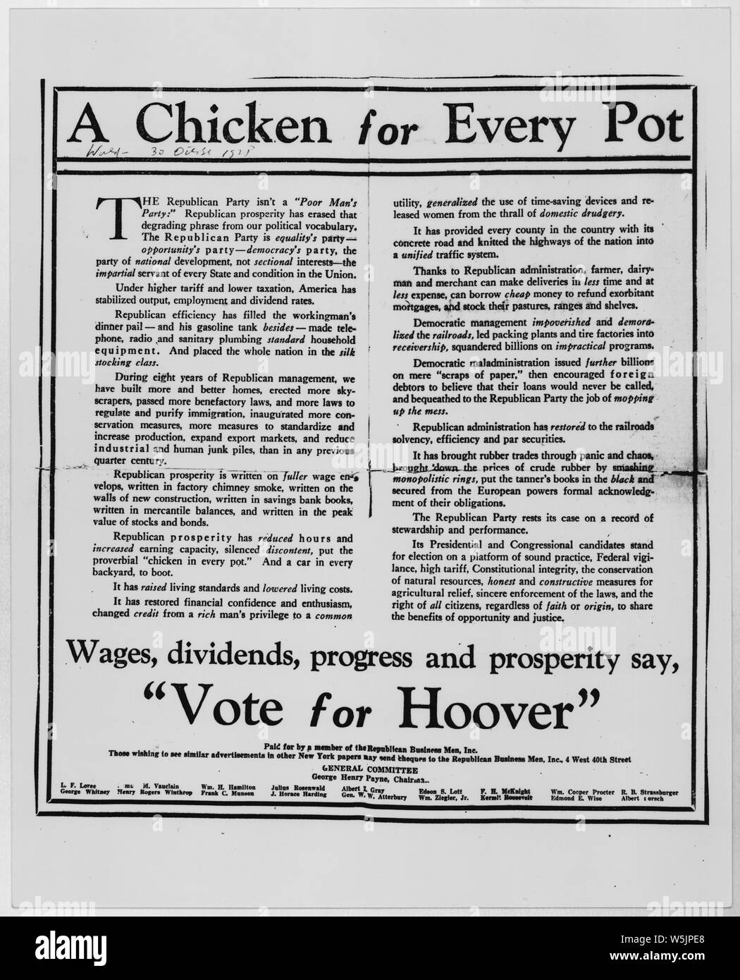 Ein Huhn in jedem Topf politische Ad und Gegenargumente Artikel in der New  York Times; Umfang und Inhalt: Das ist die Werbung, der dazu führte, dass  Herbert Hoover Gegner zu behaupten, dass