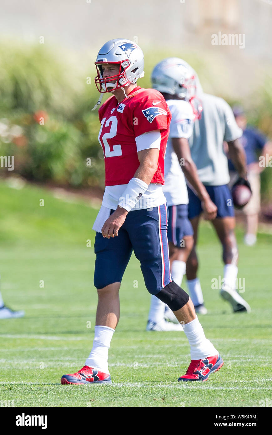 Gillette Stadium. 28. Juli 2019. MA, USA; New England Patriots Quarterback Tom Brady (12) Während des Trainings Camp am Gillette Stadium. Anthony Nesmith/CSM/Alamy leben Nachrichten Stockfoto