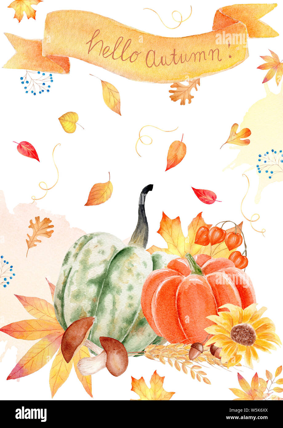 Hallo herbst Aquarell raster Banner, grußkartenvorlage. Herbst Aquarell, Plakat, Postkarte Layout. Bauernhof Lebensmittel und Laub hand Illu gezeichnet Stockfoto
