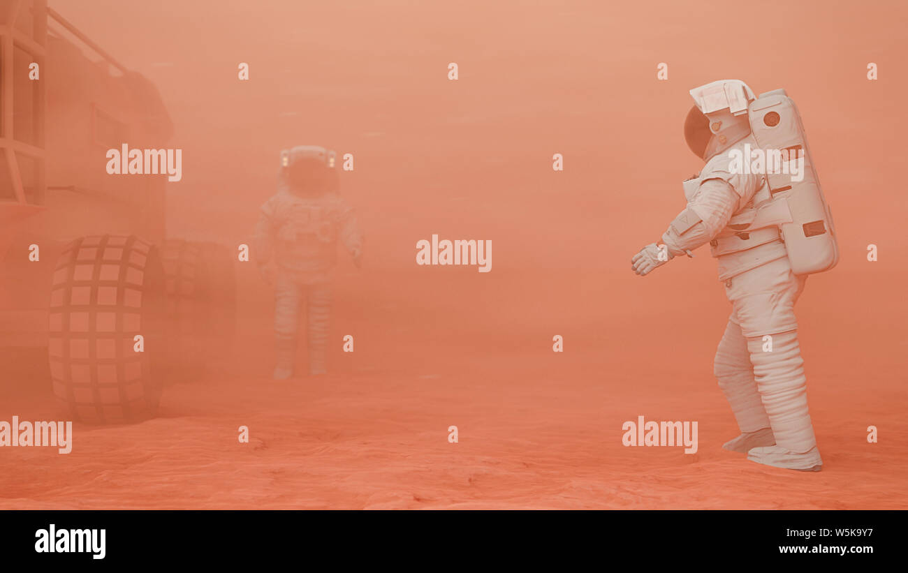 Astronauten auf dem Mars, auf dem Weg zu ihrem Auto in einem Sandsturm auf dem Mars Stockfoto