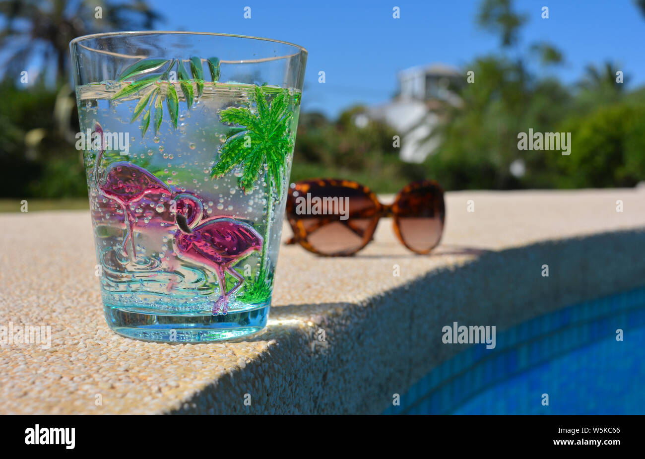 Pool Tag, Sommer Fun Vibes. Sekt kalt Wasser in einem tropischen Motiven Schale aus Kunststoff und Kunststoff/schildpatt Farbige Sonnenbrille auf der Pool- Stockfoto