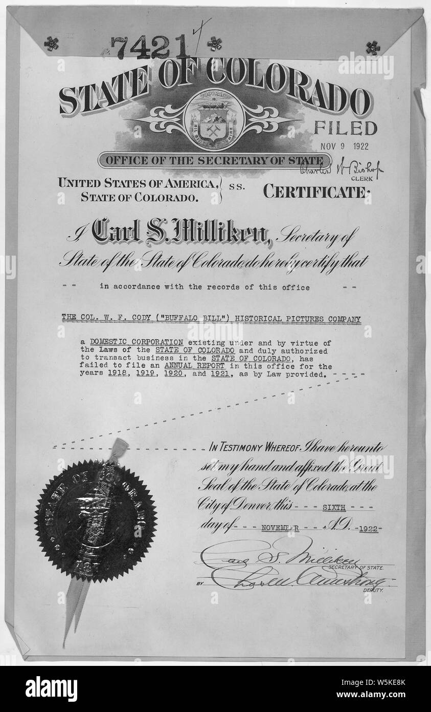Zertifikat der Corporation in Colorado für die William F. Cody (Buffalo Bill) Historische Bilder Unternehmen Stockfoto