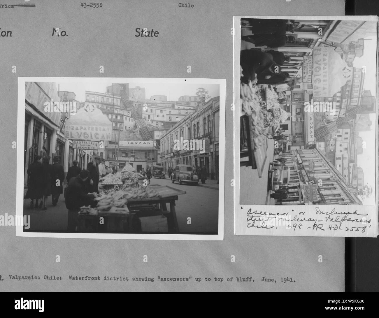 43-2558 - Valparaiso Chile: Hafenviertel ascensors angezeigt von Bluff nach oben. Juni 1941.; Blick in Valparaiso, einem der w: Standseilbahnen, genannt ascensores in Chile. Stockfoto