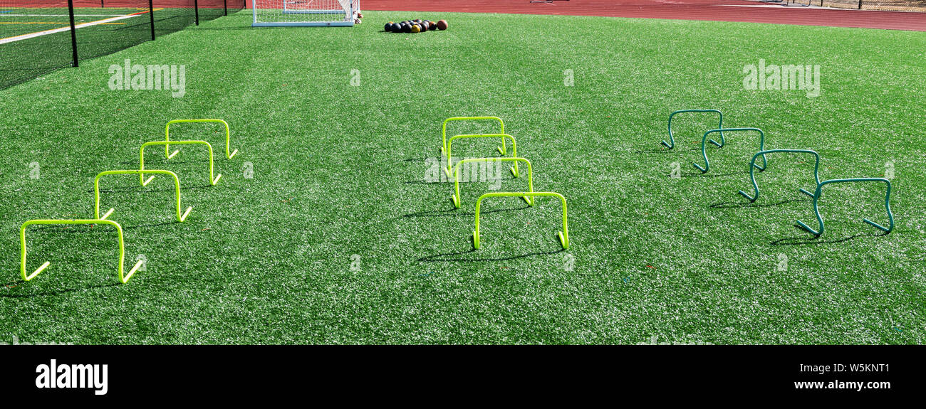 Grüne truf Feld ist für Flexibilität und Stärke der Praxis mit Reihen von mini gelb Banane Hürden und Medizin Bälle eingestellt. Stockfoto
