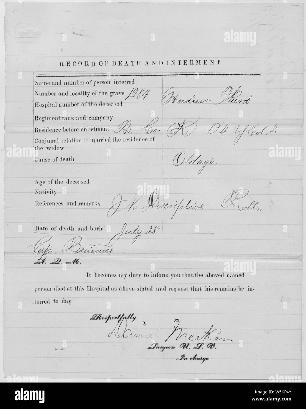 Tod und Beisetzung Datensatz für Andrew Ward; Umfang und Inhalt: Rang: Eigenes Regiment: 124 Branche: United States farbigen Truppen (reguläre) Einheit: K volle Einheit Bezeichnung: K, 124 United States farbigen Truppen (reguläre) Tod Datum: 07/27/1865 Grab Nummer: 1284 Allgemeine Hinweise: Beachten Sie, dass nur ein Teil dieses Dokument digitalisiert wurde und online zur Verfügung gestellt. Stockfoto