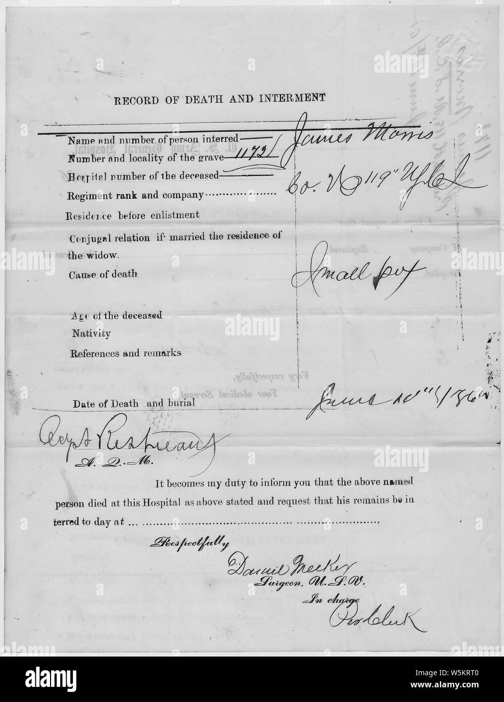 Tod und Beisetzung Datensatz für James Morris; Umfang und Inhalt: Rang: Eigenes Regiment: 119 Branche: United States farbigen Truppen (reguläre) Einheit: H die volle Einheit Bezeichnung: H, 119 United States farbigen Truppen (reguläre) Tod Datum: 06/10/1865 Grab Nummer: 1172 Allgemeine Hinweise: Beachten Sie, dass nur ein Teil dieses Dokument digitalisiert wurde und online zur Verfügung gestellt. Stockfoto