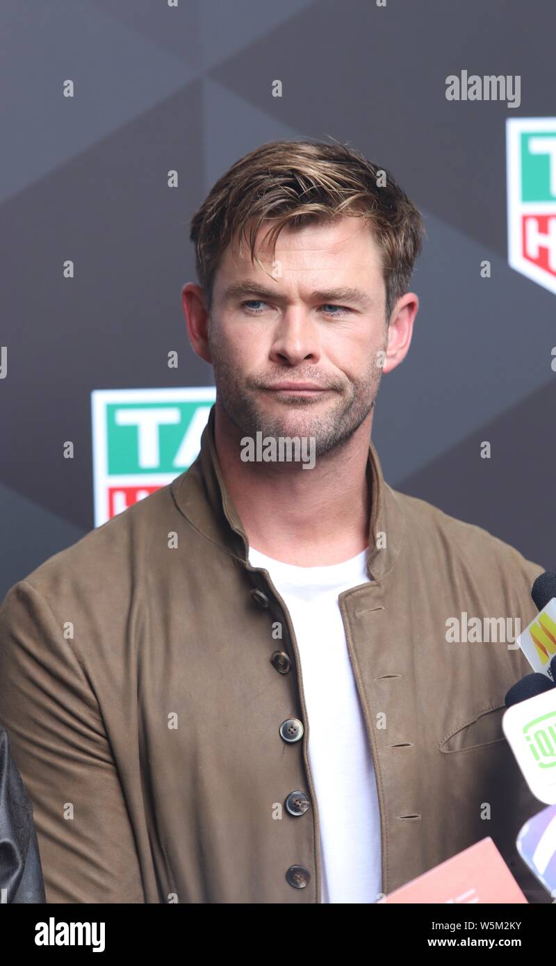 Australische Schauspieler Chris Hemsworth besucht eine Werbeveranstaltung für TAG Heuer in Shanghai, China, 19. April 2019. Stockfoto