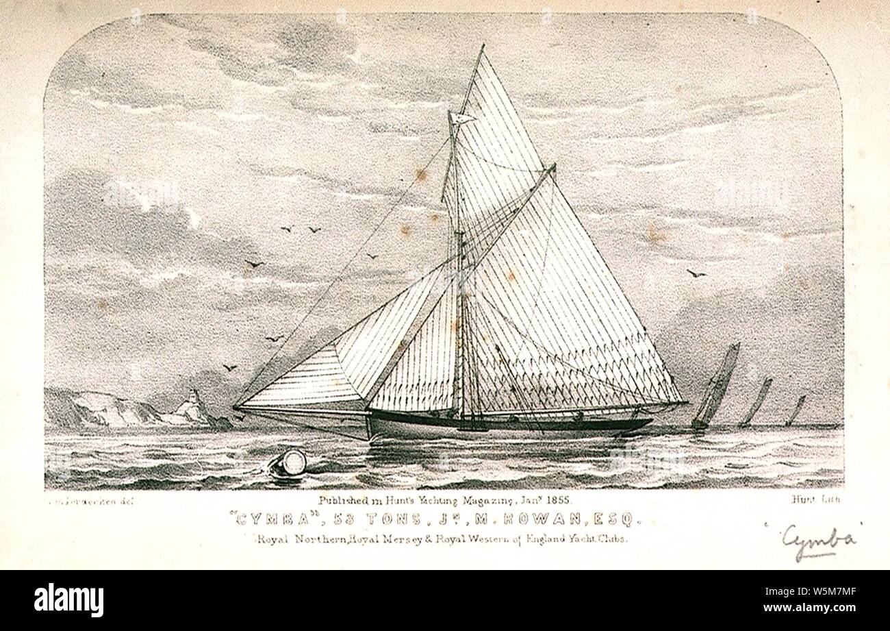 Cymba 53 Tonnen, Joh, M. Rowan, Esq. Royal Northern, Royal Mersey und Royal Western von England Yacht Clubs. In der Jagd Yachting Zeitschrift Jany 1855 veröffentlicht. Stockfoto