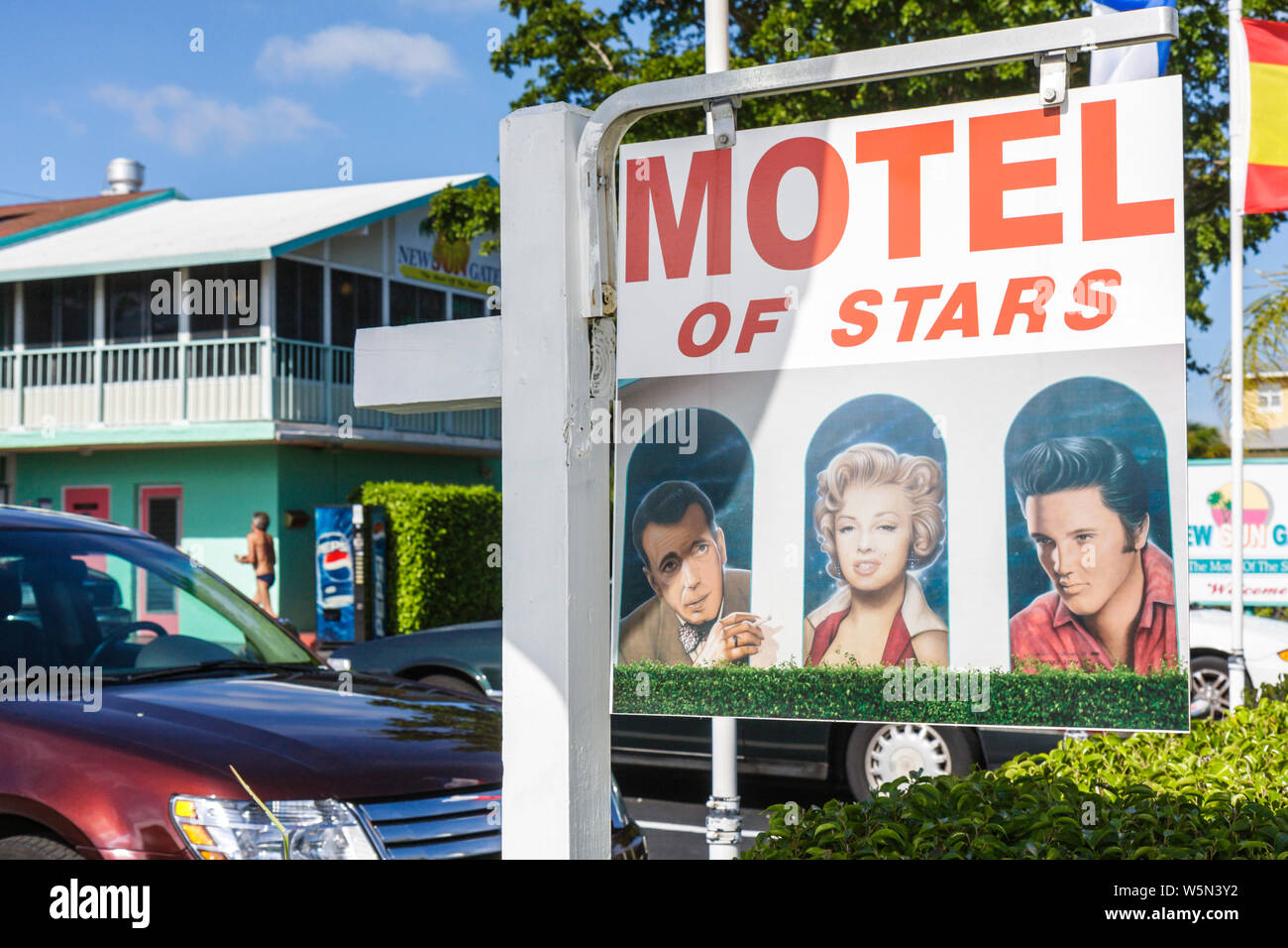 Florida Lake Worth, das Motel of Stars, Unterkunft, Americana, Themenzimmer, Elvis, Marilyn Monroe, Humphrey Bogart, Kino-Ikonen, außen, vorne, Eingang Stockfoto