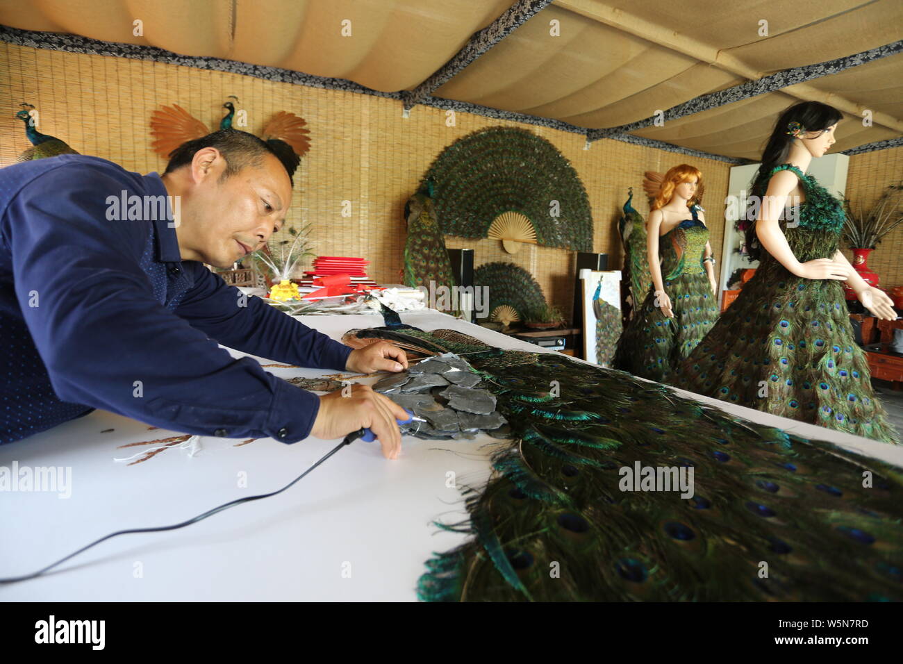 Chinesische hofbesitzers Xia Linrong zeigt ein Brautkleid aus Pfauenfedern in De' eine Grafschaft, Conghua City, der ostchinesischen Provinz Jiangxi, 16 Stockfoto