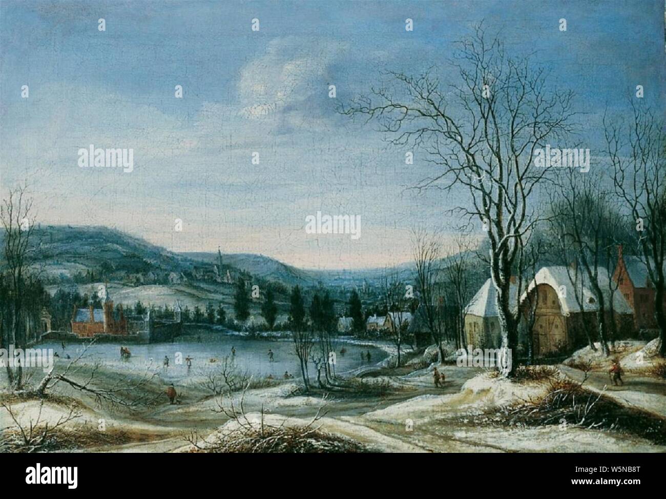 Daniel van Heil - Winterlandschaft mit Skater auf einem See. Stockfoto