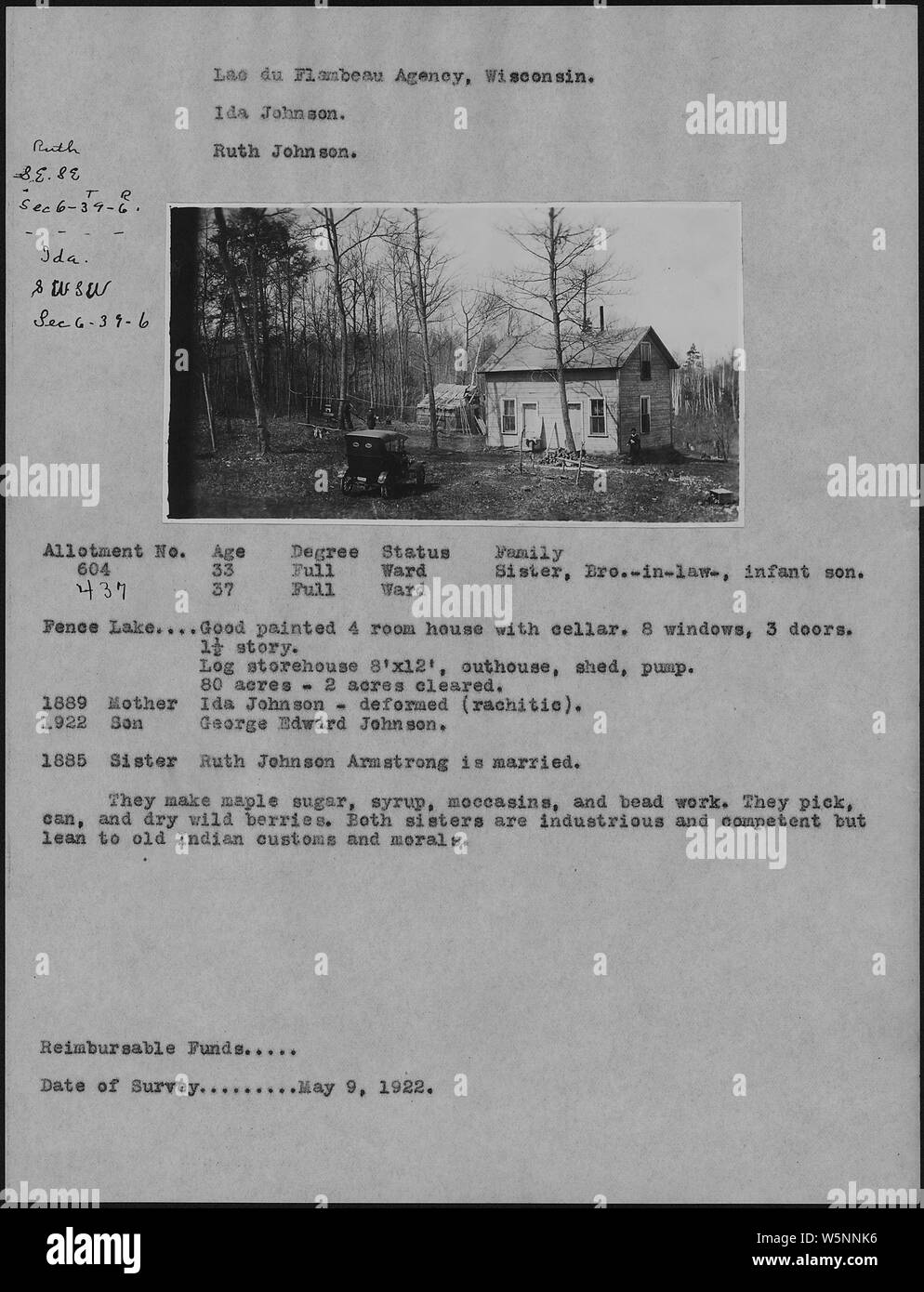Ida Johnson, Ruth Johnson; Umfang und Inhalt: Beschreibung der Zuteilung 437 für Ida-Johnson und Ruth Johnson Stockfoto