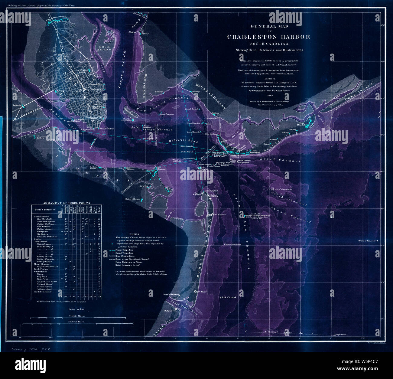 Bürgerkrieg Karten 0425 Allgemeine Karte von Charleston Harbor South Carolina Übersicht rebel Abwehr und Hindernissen invertiert Bauen und Reparieren Stockfoto