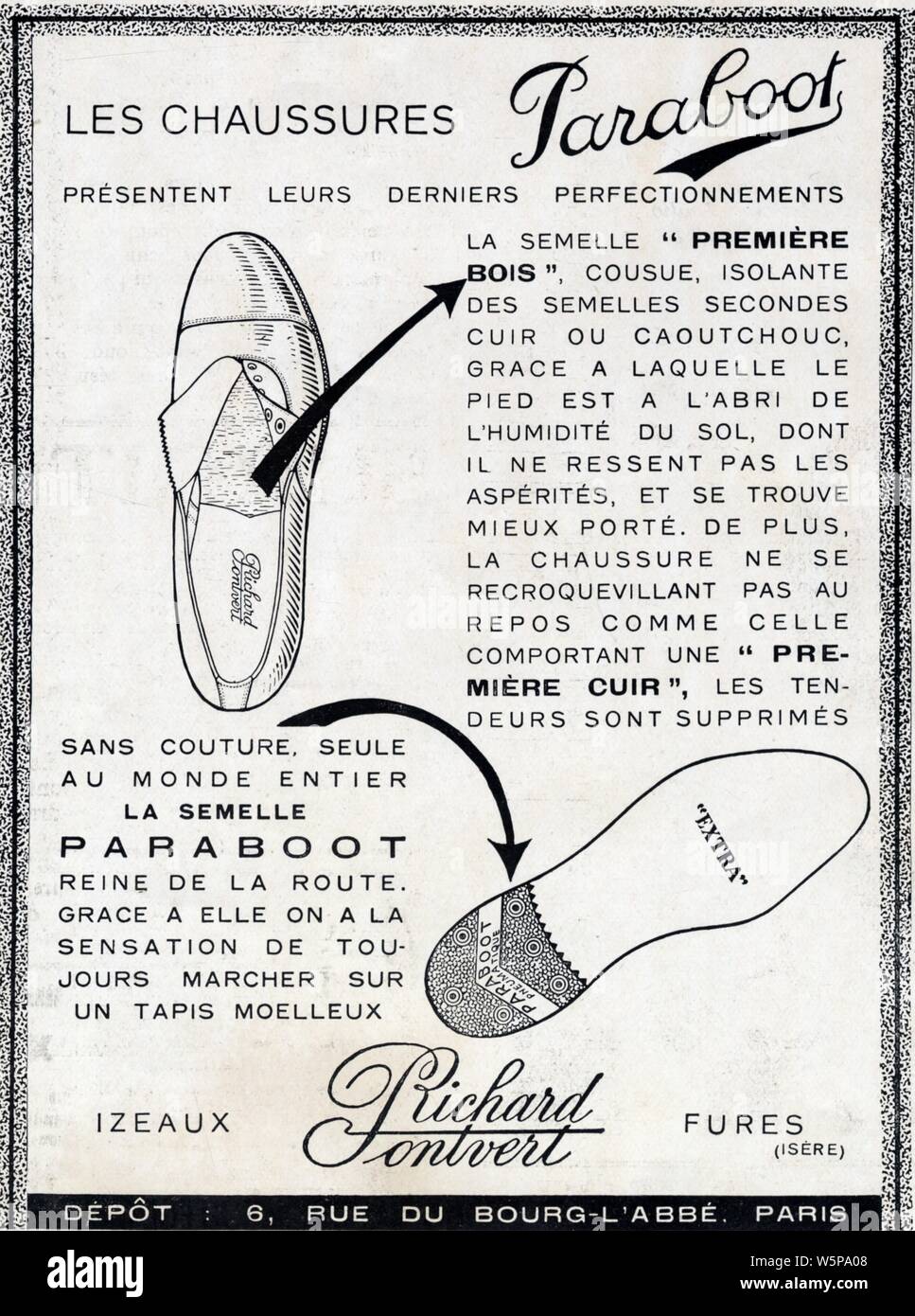 Publicité ancienne Les chaussures Paraboot. 1937 Stockfoto
