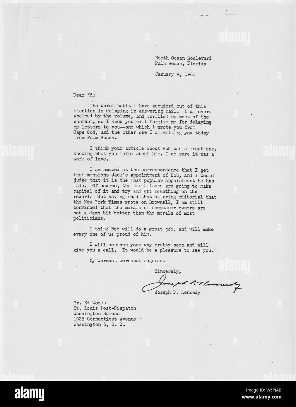 Joseph S. Kennedy Brief auf Robert F. Kennedy die Ernennung von Attorney General Januar 9, 1961; Umfang und Inhalt: Brief von Joseph S. Kennedy, Sr. zu Ed Woods der St. Louis Post Dispatch über Robert F. Kennedy die Ernennung von Attorney General der Vereinigten Staaten. Stockfoto