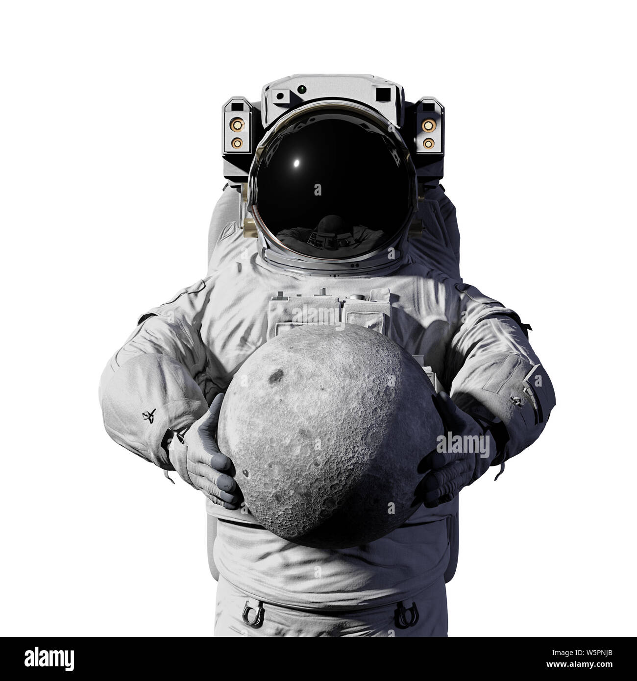 Astronauten, die den Mond, zeigt die andere Seite, auf weißem Hintergrund Stockfoto