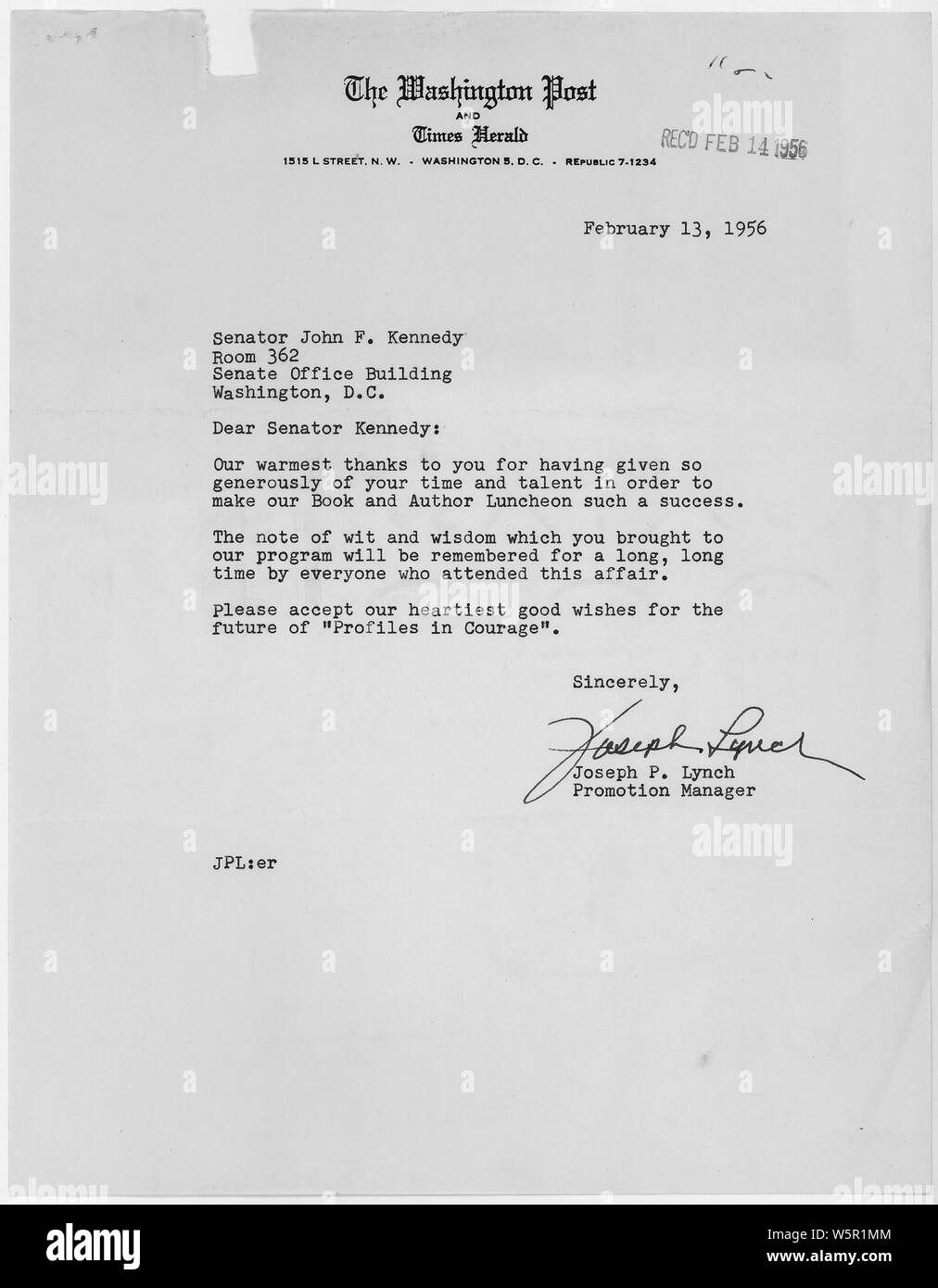 Brief an John F. Kennedy Profile in Courage Februar 13, 1956; Umfang und Inhalt: Brief an John F. Kennedy und danke ihm für die Teilnahme an der Washington Post und Thema Mittagessen. und die guten Wünsche für Profile in Courage. Stockfoto