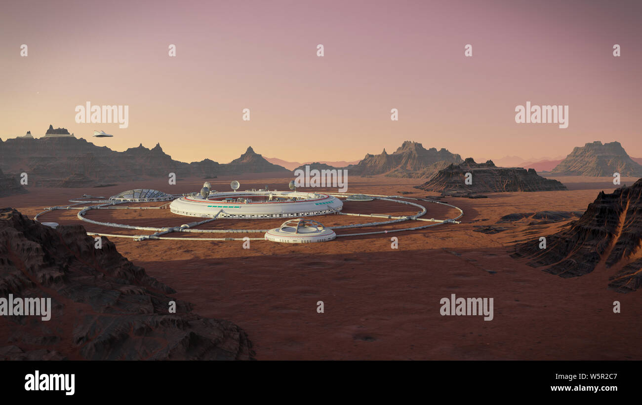 Station auf dem Mars Oberfläche, Kolonie in Wüste Landschaft auf dem Roten Planeten Stockfoto