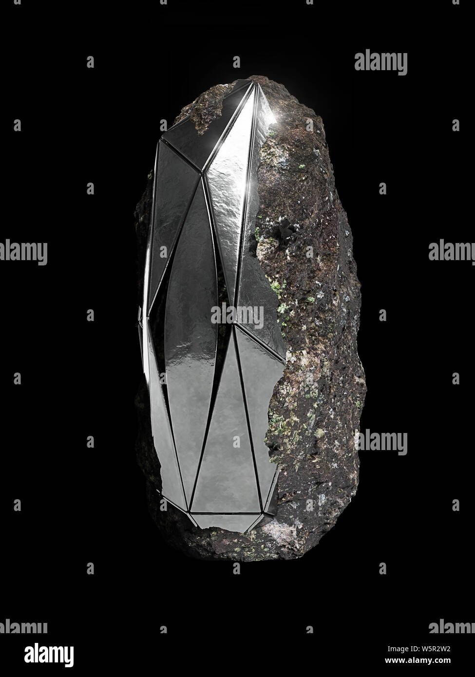 Stahl monolith eingebettet in Rock, abstrakte Form, Sci-Fi-Objekt auf schwarzem Grund isoliert Stockfoto