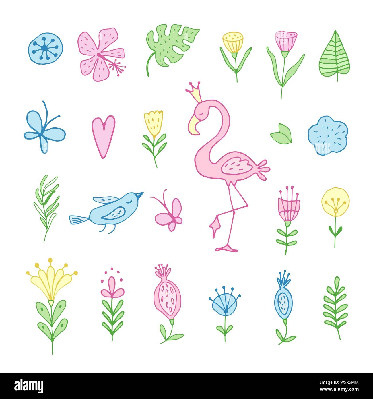 Süße tropische doodles Blätter und Blüten mit flamingoisolated auf weißem Hintergrund. Vector Illustration Stock Vektor