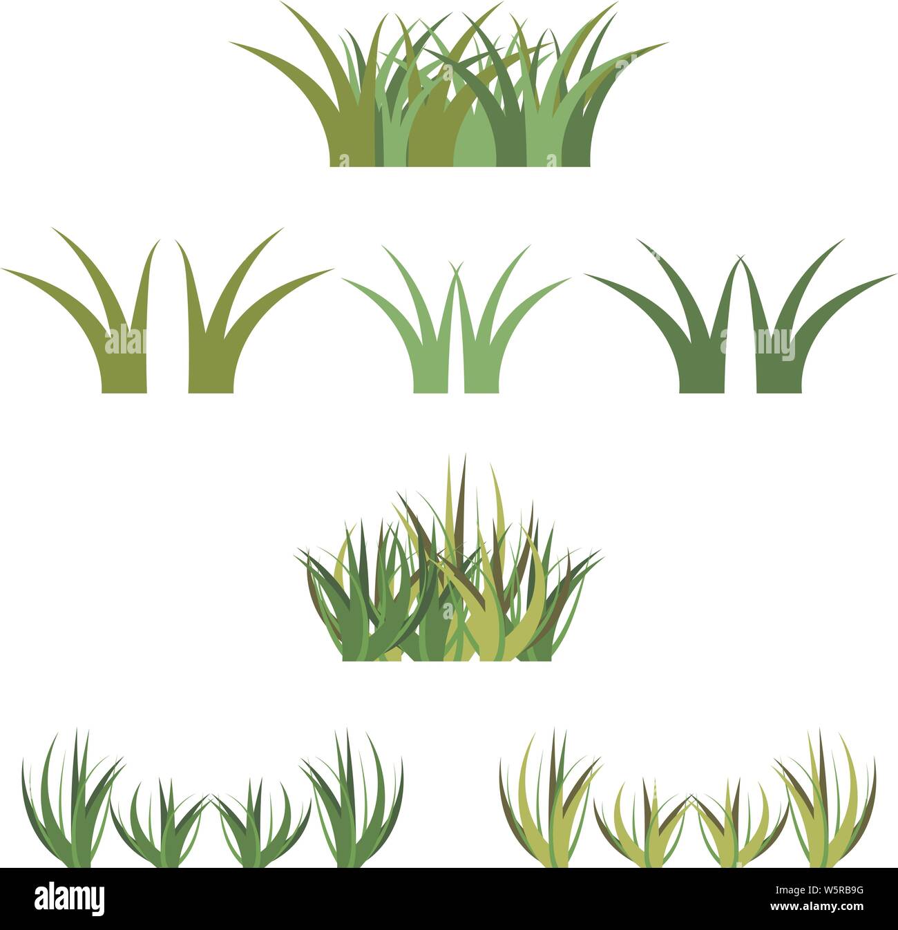 Der Vektor grünes Gras horisontal Trauben, isoliert auf Weiss. Cartoon Requisiten Dekoration, Vielzahl von Vektor Gras grün und Hellgrün Farben. Stock Vektor