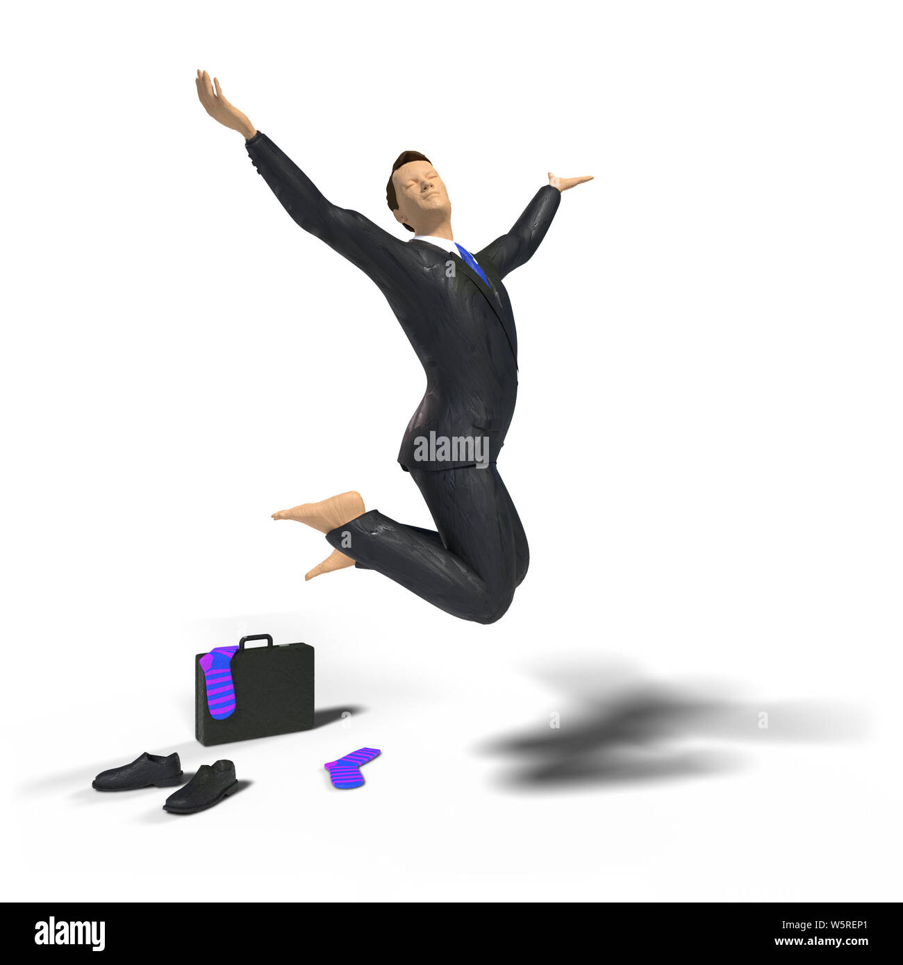 Barfuß Spielzeug miniatur Geschäftsmann Figur ist springen vor Freude und Glück, mit bunten Socken, Schuhe und Aktenkoffer, Konzept auf weißem Bac isoliert Stockfoto