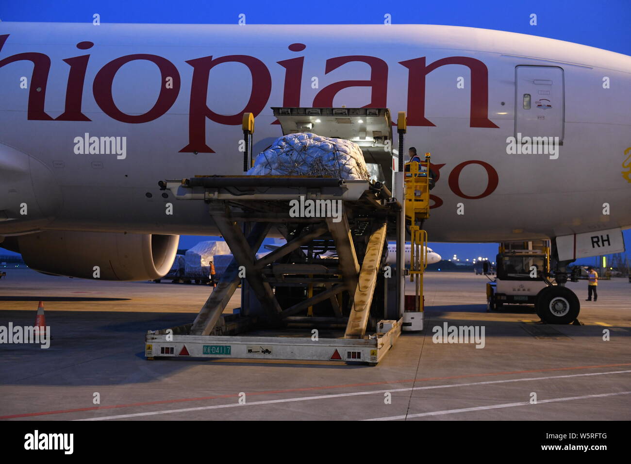 Eine Boeing 777-200F cargo Plane der Ethiopian Airlines ist am Internationalen Flughafen Jiangbei in Chongqing Chongqing, China geparkt, 26. Juni 2019. Ein n Stockfoto