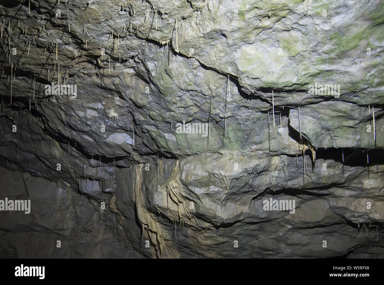 Im Inneren eines großen unterirdischen Höhle Höhle mit Calcit Stalaktiten, die von der Decke hängen Stockfoto