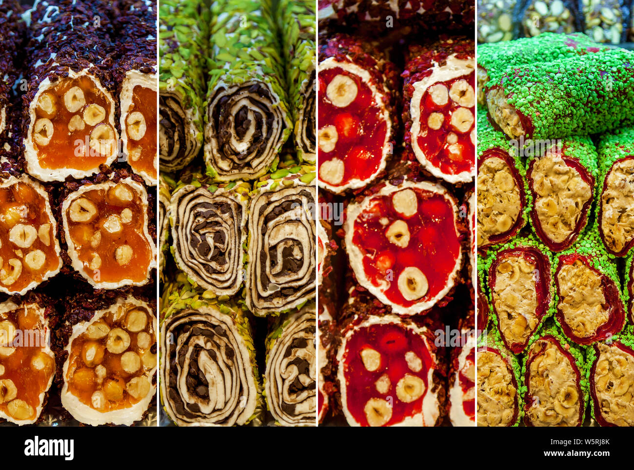 Collage türkische Süßigkeiten bunt Schokoriegel Turkish Delight mit Muttern orientalische Süßigkeiten Stockfoto