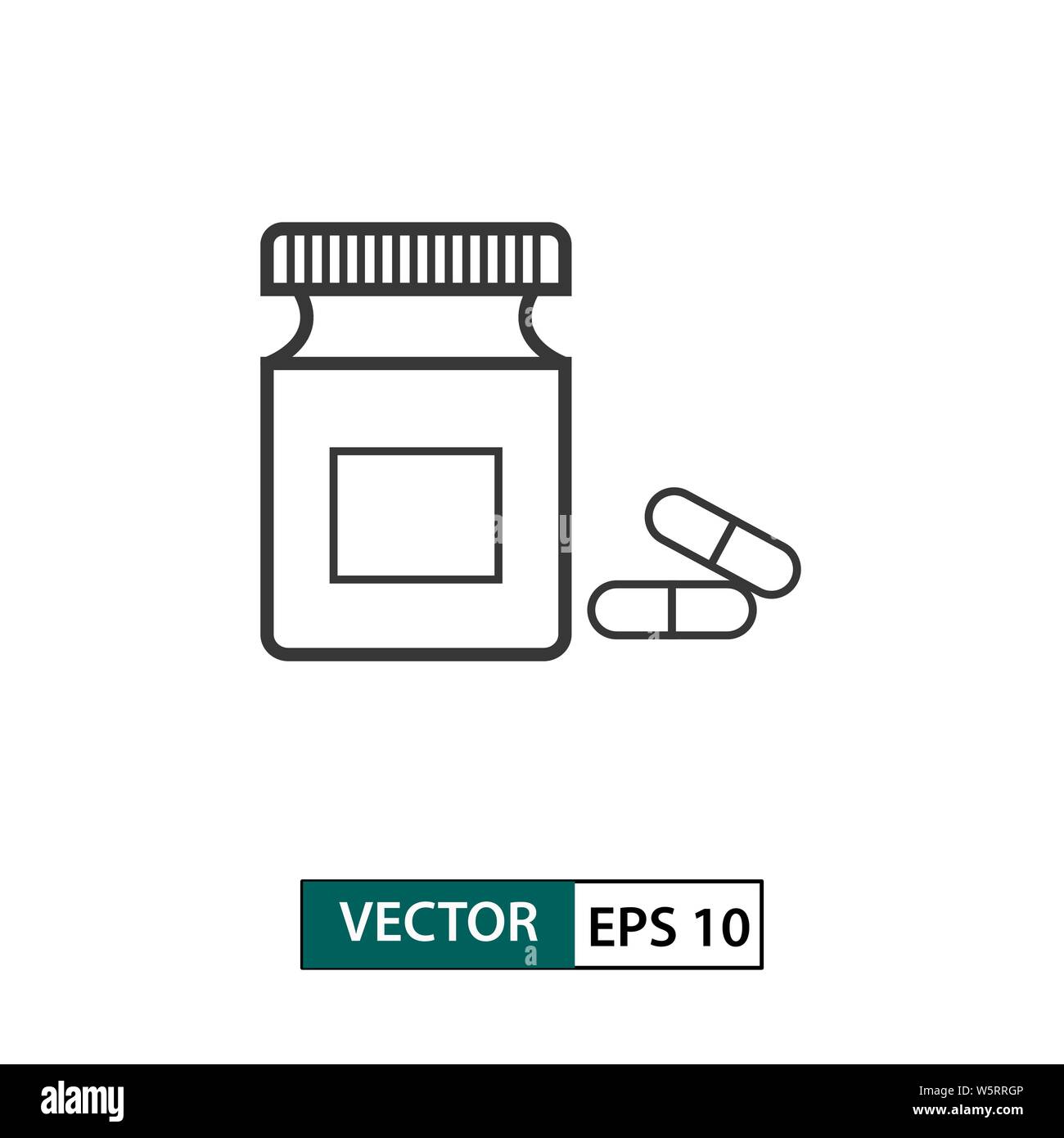 Medizin Flasche und Pille Symbol. Umrisse Stil. Auf weissem Hintergrund. Vector Illustration EPS 10. Stock Vektor