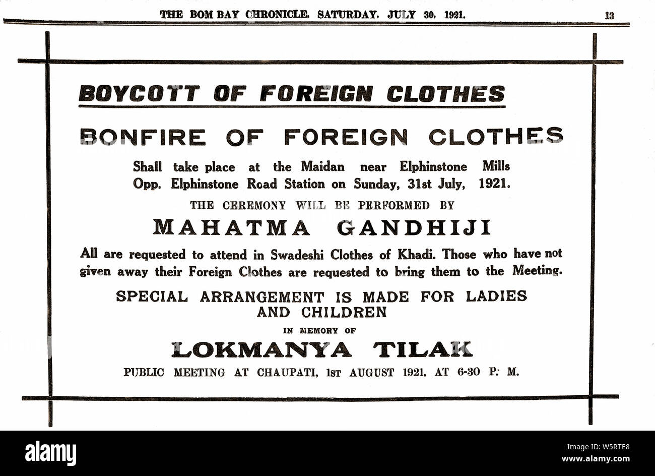 Appell von Mahatma Gandhi zum Boykott ausländischer Kleidung Indien Asien 30. Juli 1921 Alter Jahrgang 1900s Bild Stockfoto