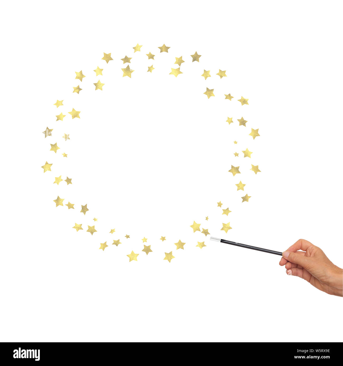 Zauberstab in der Hand mit goldenen Sternen für Rahmen, Grenze. Weißer Hintergrund. Stockfoto